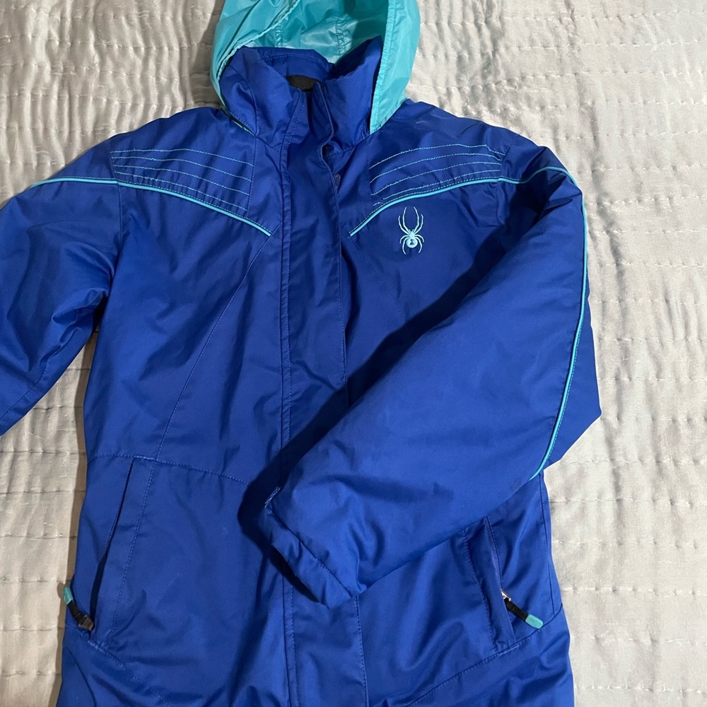 Spyder Ski Jacket, Pants, Gloves Purple/Teal.  Jacket size 16, pants size 14